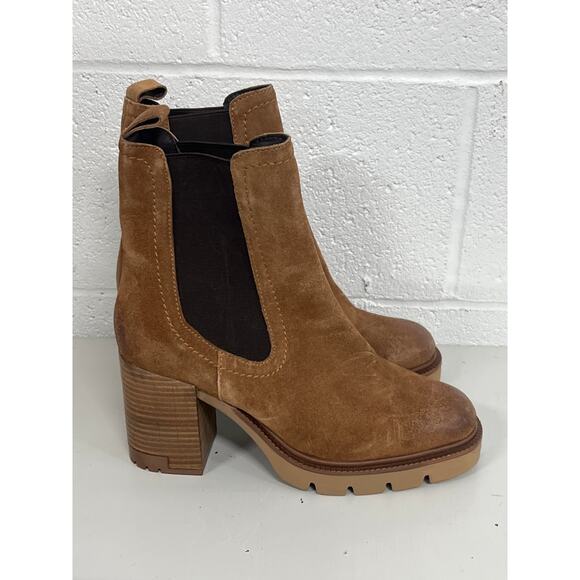 Vintage Foundry Co. Sz 8 Cognac Penelope Suede Leather Block Heel Chelsea Boots - Picture 4 of 9